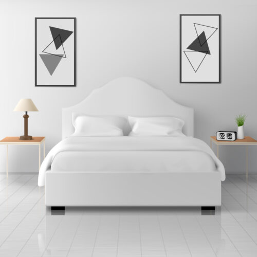 Bedroom white interior, modern home or hotel empty apartment with double king size bed, nightstands with lamp and alarm clock, luxury bedchamber indoor design. Realistic 3d vector illustration
